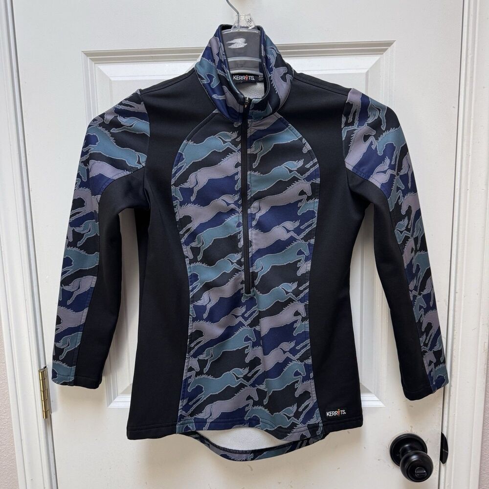 Kerrits Horse Print Fleece Lined 1/4 Zip Top Womens XS Black Patterned Pocket